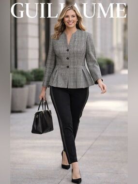 3X Guillaume Black and White Peplum Style Glen Plaid Jacket with Stretch